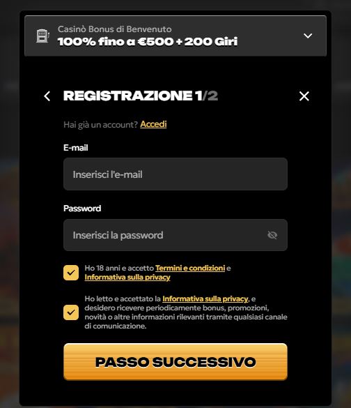 Complete Spinsy registration form with email and password