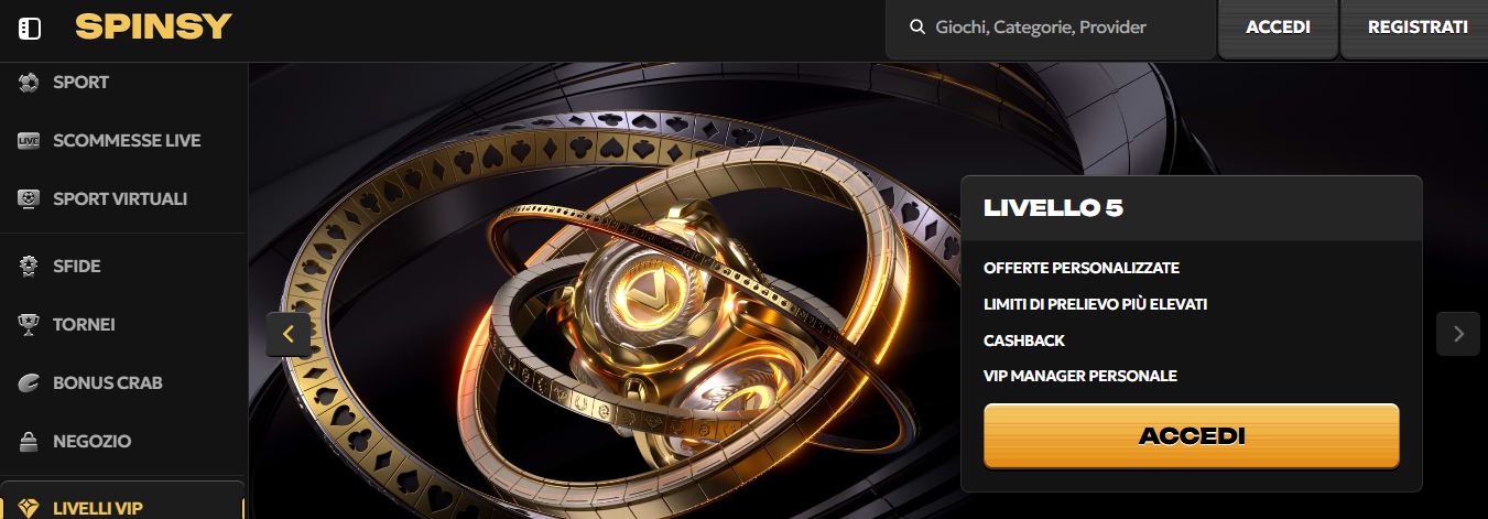 Pagina del casino Spinsy con promozione VIP di livello 5